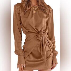 Long Sleeve Satin Tie Waist Dress